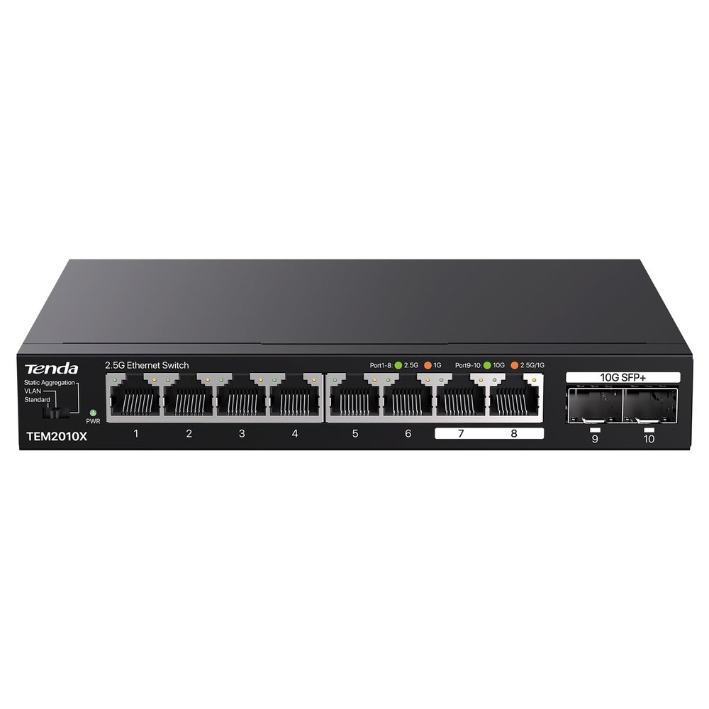 Tenda 2.5Gb Ethernet Switch | 10 Port 2.5G Network Switch | 8 x 2.5G Ports & 2 x 10G SFP+ | Plug & Play | Unmanaged Switch | Desktop/Wall-Mount | Metal Design | VLAN & Static Aggregation (TEM2010X)