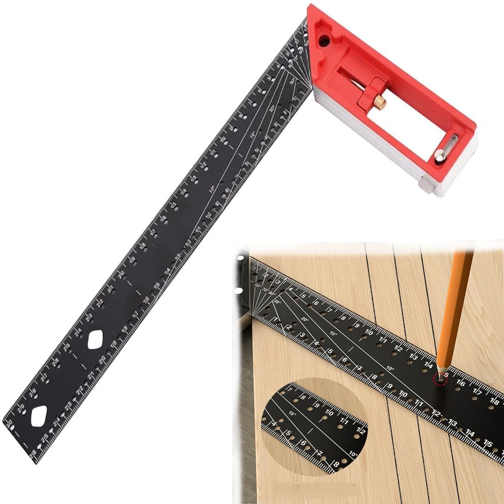 Stainless Steel Squares, 2024 New Multi-Angle Measuring Ruler, 12 Inch Escuadras De Carpintero, 45/90 Degree Multifunctional Gauge Right Angle Ruler for Precise Measuring, Drawing (Red)