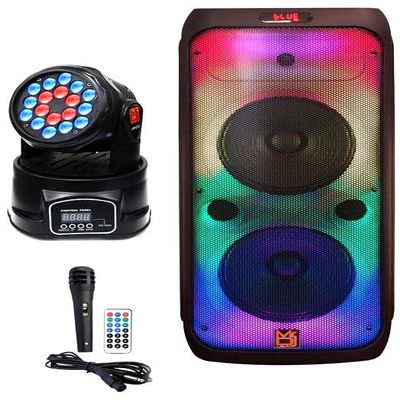MR DJ USA FLAME4200 10" X 2 Rechargeable Portable Bluetooth Karaoke Speaker with Party Flame Lights Microphone TWS USB FM Radio + 18-LED Moving Head DJ Light