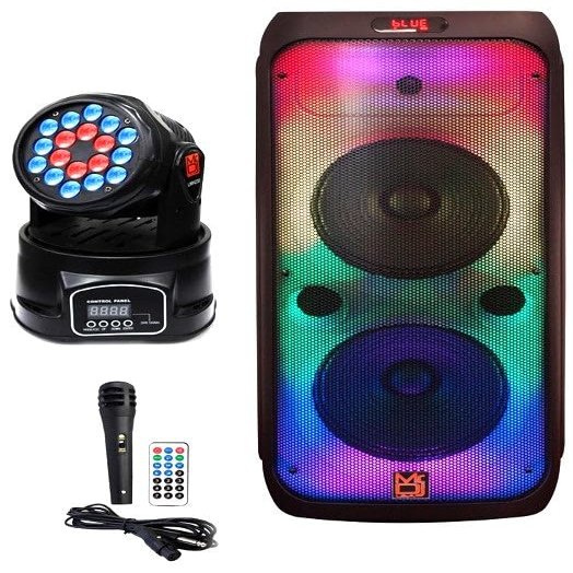 MR DJ USA FLAME4200 10" X 2 Rechargeable Portable Bluetooth Karaoke Speaker with Party Flame Lights Microphone TWS USB FM Radio + 18-LED Moving Head DJ Light