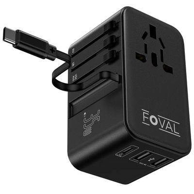 FOVAL European Travel Plug Adapter, Universal Travel Adapter with Retractable USB C Cable, All-in-one International Power Adapter for Europe Italy UK US AUS (35W)