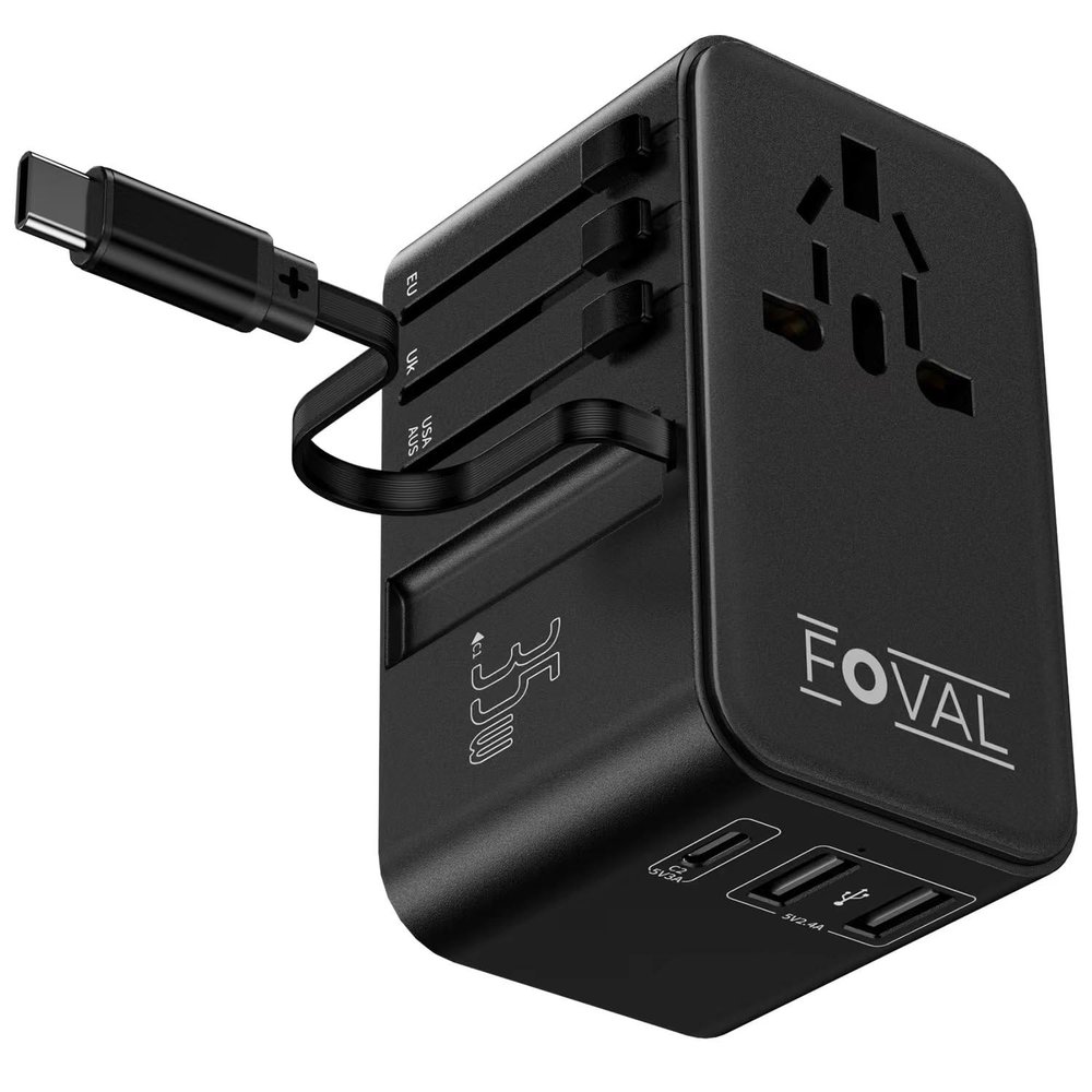 FOVAL European Travel Plug Adapter, Universal Travel Adapter with Retractable USB C Cable, All-in-one International Power Adapter for Europe Italy UK US AUS (35W)