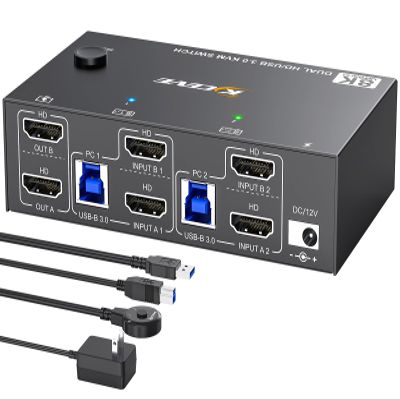 8K HDMI KVM Switch 2 Monitors 2 Computers 8K@60Hz 4K@144Hz, MLEEDA USB 3.0 Dual Monitor KVM Switch for 2 Computer Share 2 Monitor and 4 USB3.0 HUB,Wired Remote,12V Power Adapter and USB Cable Included