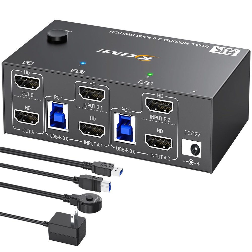 8K HDMI KVM Switch 2 Monitors 2 Computers 8K@60Hz 4K@144Hz, MLEEDA USB 3.0 Dual Monitor KVM Switch for 2 Computer Share 2 Monitor and 4 USB3.0 HUB,Wired Remote,12V Power Adapter and USB Cable Included