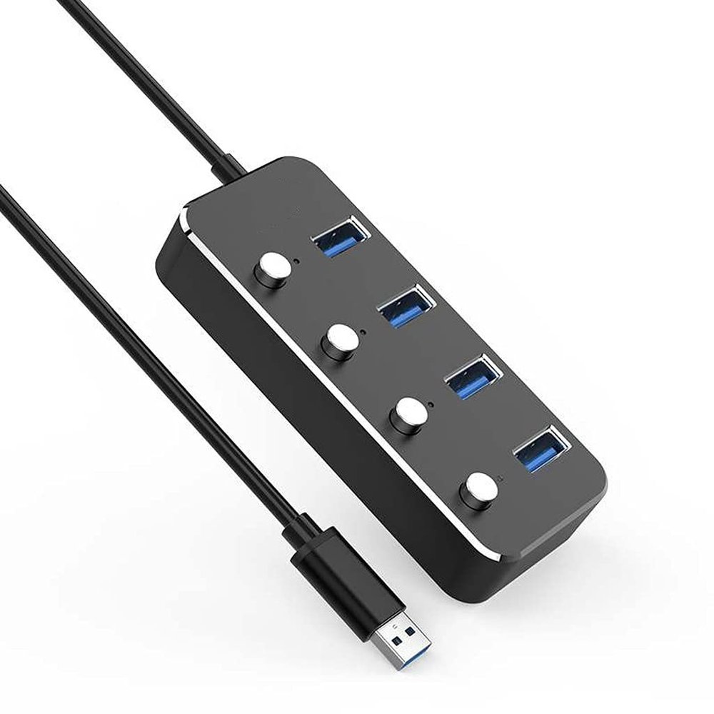 Aluminum Alloy 4 Port USB 3.0 Hub Sub-Control Switch HUB 60/120cm Cable Upto 5Gbps Splitter (Color : Black)