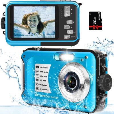 SPUNALP Underwater Camera with 32GB Card Waterproof Camera 10FT 30MP FHD 1080P Compact 16X Digital Zoom Underwater Kids Digital Camera for Snorkeling, Blue