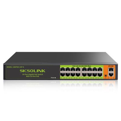 18 Ports PoE Switch, 16 Gigabit PoE+Switch with 2 Gigabit Uplink, 1000 Mbps, Fanless Silent Operation, 250W, 802.3 af/at, Unmanaged, 19''Rackmount, Qos, Suitable for POE Camera System, AP, WiFi