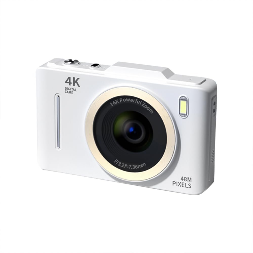 Andoer Compact Digital Camera, 4K 48MP Photo Camera 2.8 Inch Digital Camera AF Auto Focus with 16X Zoom, Rechargeable Camera for Kids, Beginners, Adults, White/Dark Grey Heather