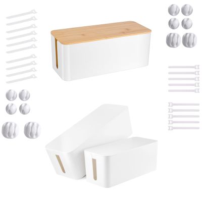 Cable Management Box - White Wooden Style Large Cord Organizer Box to Hide Wires & 2 Pack Large & Medium Cable Organizer Box with 17 PCS Cable Management Set