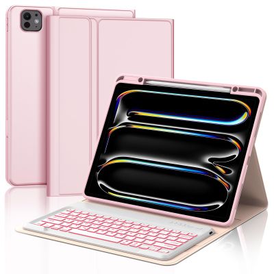 BORIYUAN Keyboard Case for New iPad Pro 13 Inch (M5 2025 / M4 2024), 7 Colors Backlit Detachable Keyboard Slim Folio Smart Cover for iPad Pro 13" with Pencil Holder, Auto Sleep/Wake Pink