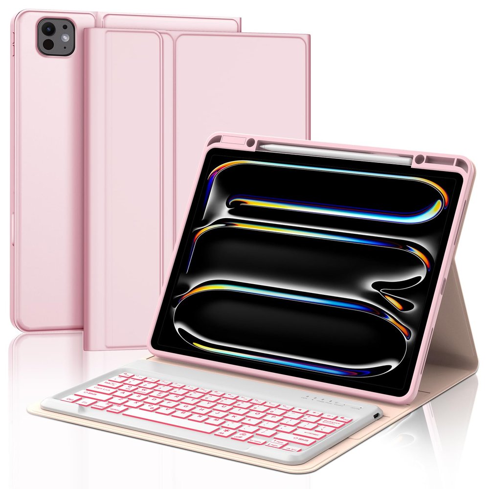 BORIYUAN Keyboard Case for New iPad Pro 13 Inch (M5 2025 / M4 2024), 7 Colors Backlit Detachable Keyboard Slim Folio Smart Cover for iPad Pro 13" with Pencil Holder, Auto Sleep/Wake Pink