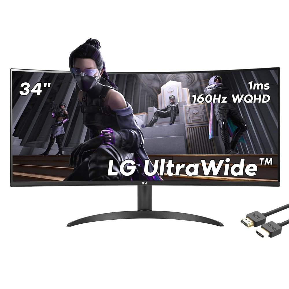 LG 34 UltraWide Curved Monitor, 21:9 WQHD (3440x1440) IPS Display, 160Hz, 1ms, sRGB 99% Color Gamut and HDR 10, AMD FreeSync Premium and 3-Side Virtually Borderless Screen, with MTC HDMI Cable
