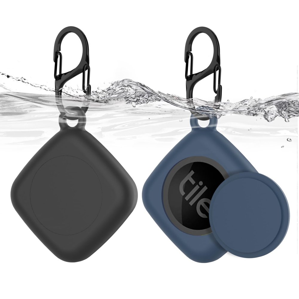 Silicone Case for Life360 Tile Tracker 2 Pack, for Tile Mate 2022 Full Body IPX8 Waterproof and Anti-Scratch Protective with Carabiner for Kids, Keys, Luggage, Cat/Dog Collar Tag (Black+Blue)