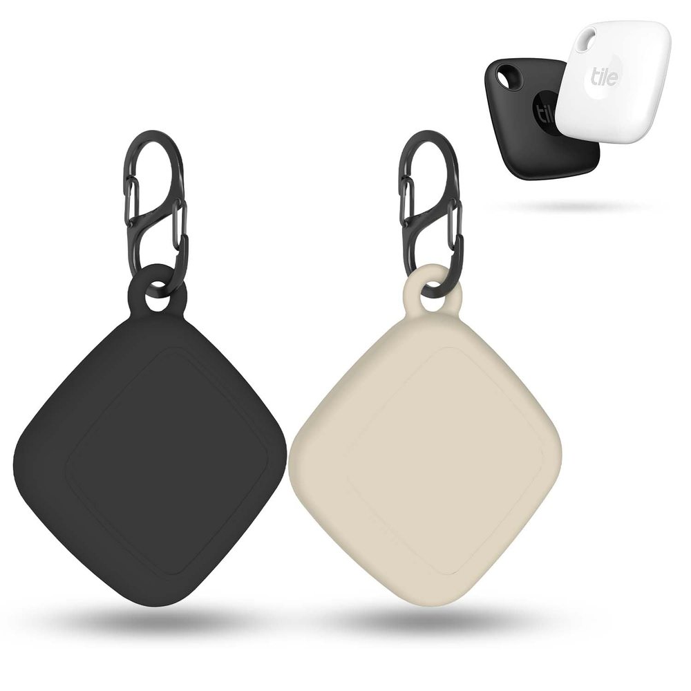 FGERWZ [2 Pack] Silicon Case for Tile Mate 2022 Tracker with Keychains, Tile Mate Holder Anti Lost Hidden Full Cover, Waterproof Tile Mate Case for Keys, Bags, Cat Dog Collar Holder (Black+White)