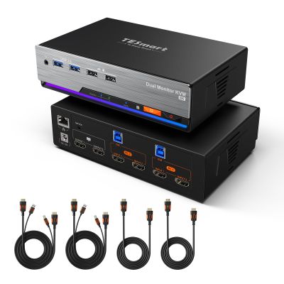 TESmart 8K@60Hz HDMI KVM Switch 2 Monitors 2 Computers USB 3.0, HDMI KVM Switch Dual Monitor 4K@144Hz for Gaming Dock, Support EDID, Gigabit Network, Hotkey Switch, Audio & Mic with All Input Cables