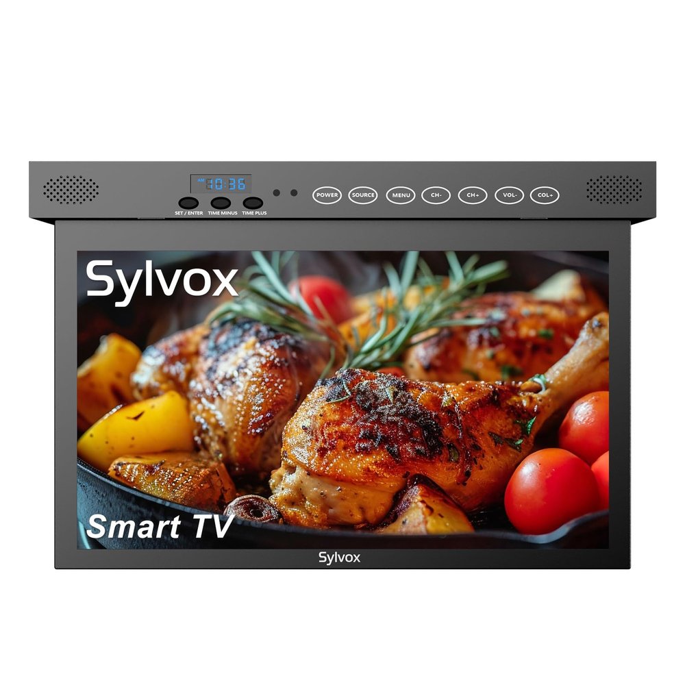 SYLVOX 15.6" Flip Down Smart TV Under Cabinet Google TV Supports 360 Degree Rotation WiFi & Wireless Connection, Storage Design for Kitchen Bedroom RV Yacht (Classic Black)