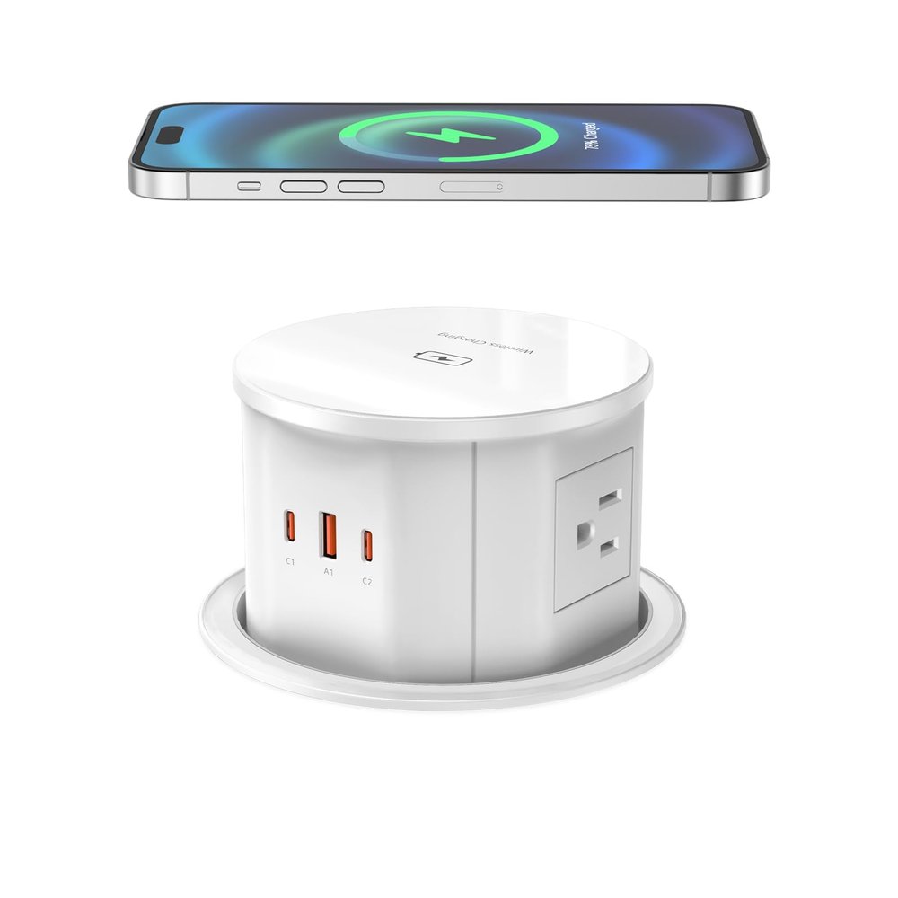 Pop Up Countertop Outlet with 15W Wireless Charger, PD 65W USB-C Ports & 4 AC Outlets, 800J Surge Protection, 4.75 inch Pop Up Electrical Outlet, 6Ft Cord for Home Office(ETL & FCC Listed)