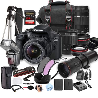Canon EOS 2000D (Rebel T7) w/ 18-55mm & 75-300mm + 420-800mm Super Telephoto Lens + 128GB Extreme Speed Card, Case, Tripod,TTL Speedlite, Spare Battery, Filters, More (Extreme Pro-Bundle) (Renewed)