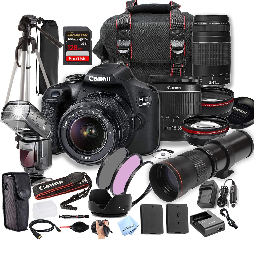 Canon EOS 2000D (Rebel T7) w/ 18-55mm & 75-300mm + 420-800mm Super Telephoto Lens + 128GB Extreme Speed Card, Case, Tripod,TTL Speedlite, Spare Battery, Filters, More (Extreme Pro-Bundle) (Renewed)