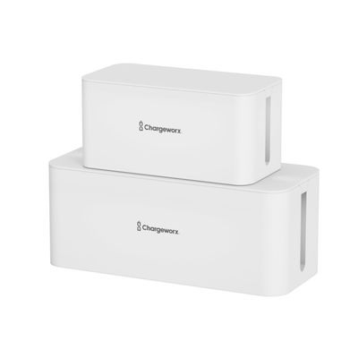 ChargeWorx Cable-Management Box Set, 2 Pack Cord Organizer to Hide Power Strips and Surge Protectors, Desk and Floor Wire Concealer for Home Office, TV Area, White
