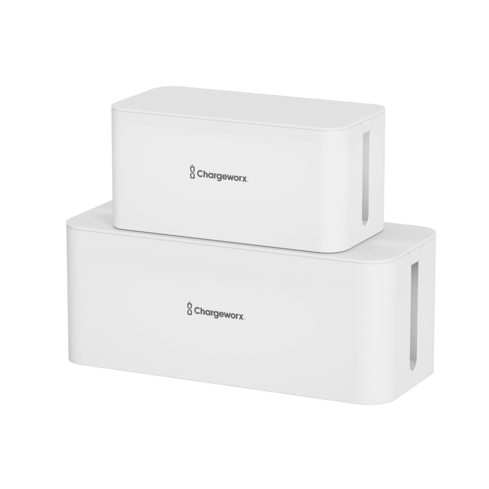 ChargeWorx Cable-Management Box Set, 2 Pack Cord Organizer to Hide Power Strips and Surge Protectors, Desk and Floor Wire Concealer for Home Office, TV Area, White