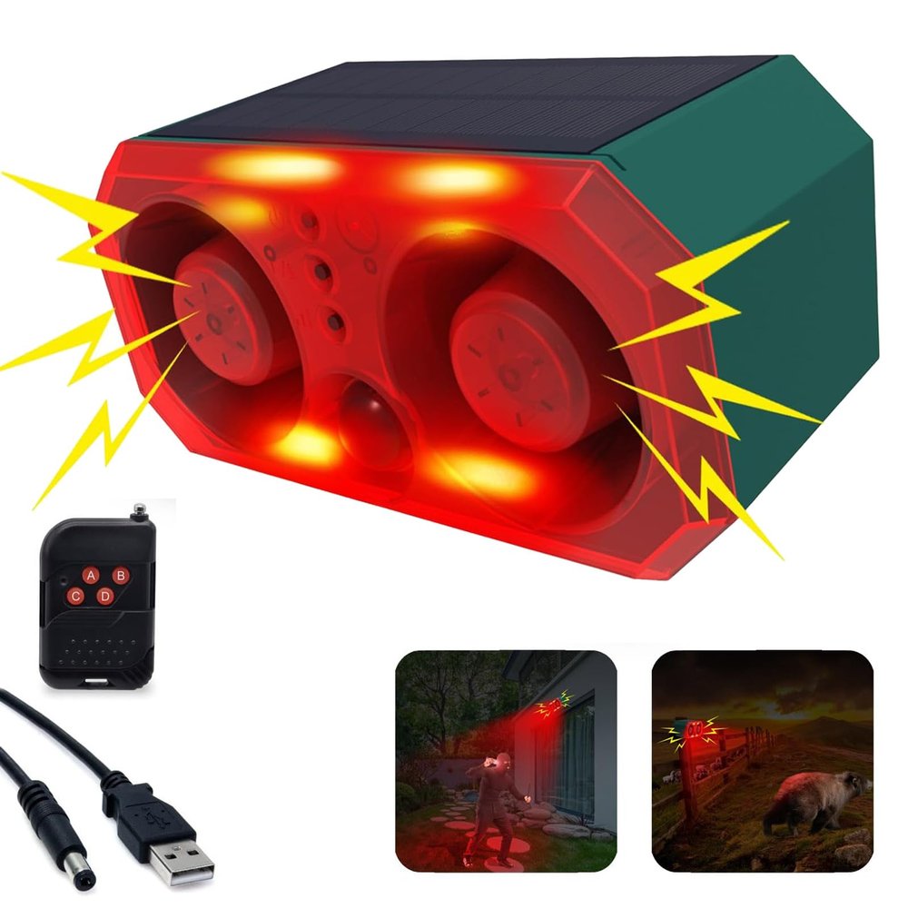 Solar Outdoor Motion Detector Sensor Alarm, Personalize Recording Siren & Strobe Lights, 2*130db Dual-Specker, builtin 13 Sounds Modes Bluff & Intimidate Warning with Remote Controller (1)