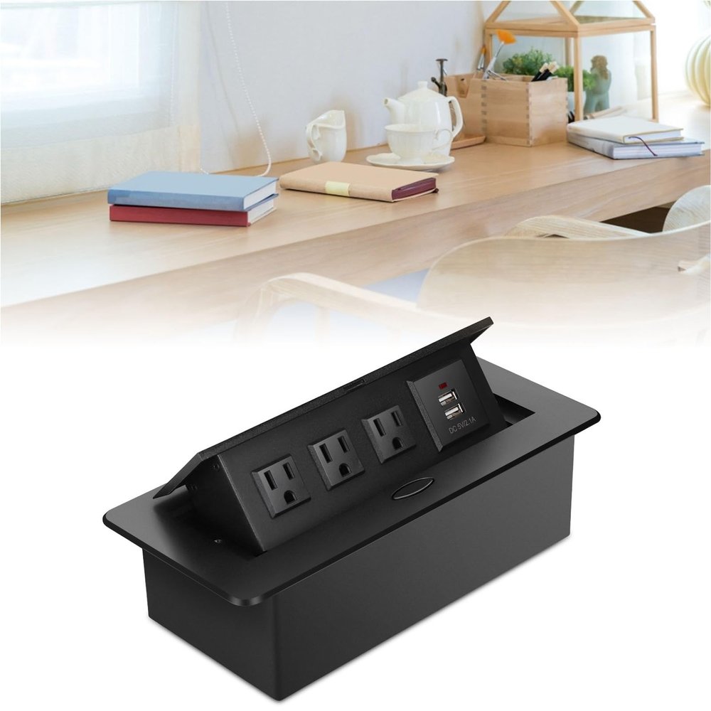 Hidden Recessed Power Strip Pop Up Socket 3 Outlets and 2 USB Ports, AC 125V 10A Receptacle Outlets Desktop Socket US Standard 3 Outlets and USB, Black