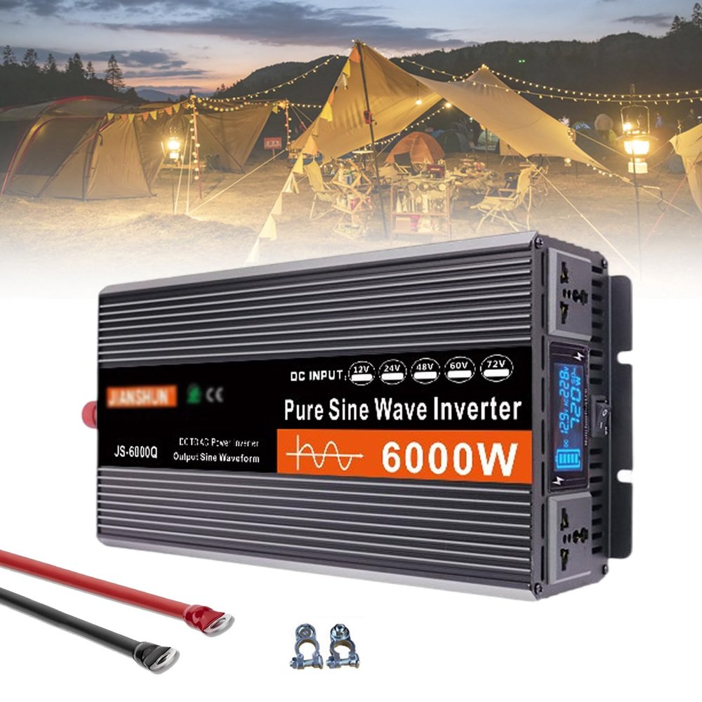 6000W Inverter Pure Sine Wave 12V/24V/48V/60V Dc to 110V/120V Ac Converter with 50Cm Connecting Cable, LCD Monitor, for Home, Rv, Truck,60Vto220V