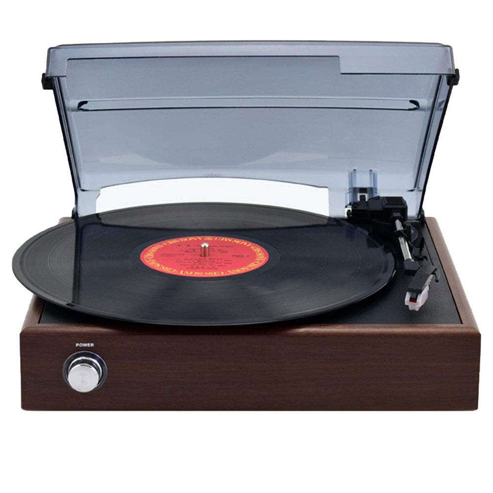 DirectNine Basics Vinyl Player Built-in 2 Speakers,Three-Speed Record Player,Turntables for Vinyl Records Support Vinyl Record Playback/Line Out Output, Brown