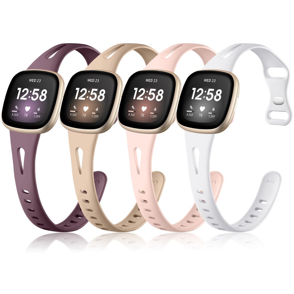Ouwegaga 4 Pack Slim Band Compatible with Fitbit Sense 2 Bands/Sense/Versa 4/Versa 3 Bands for Women, Soft Silicone Thin Sport Watch Strap Compatible with Fitbit Sense 2 1/Versa 4 3 Smartwatch, Large