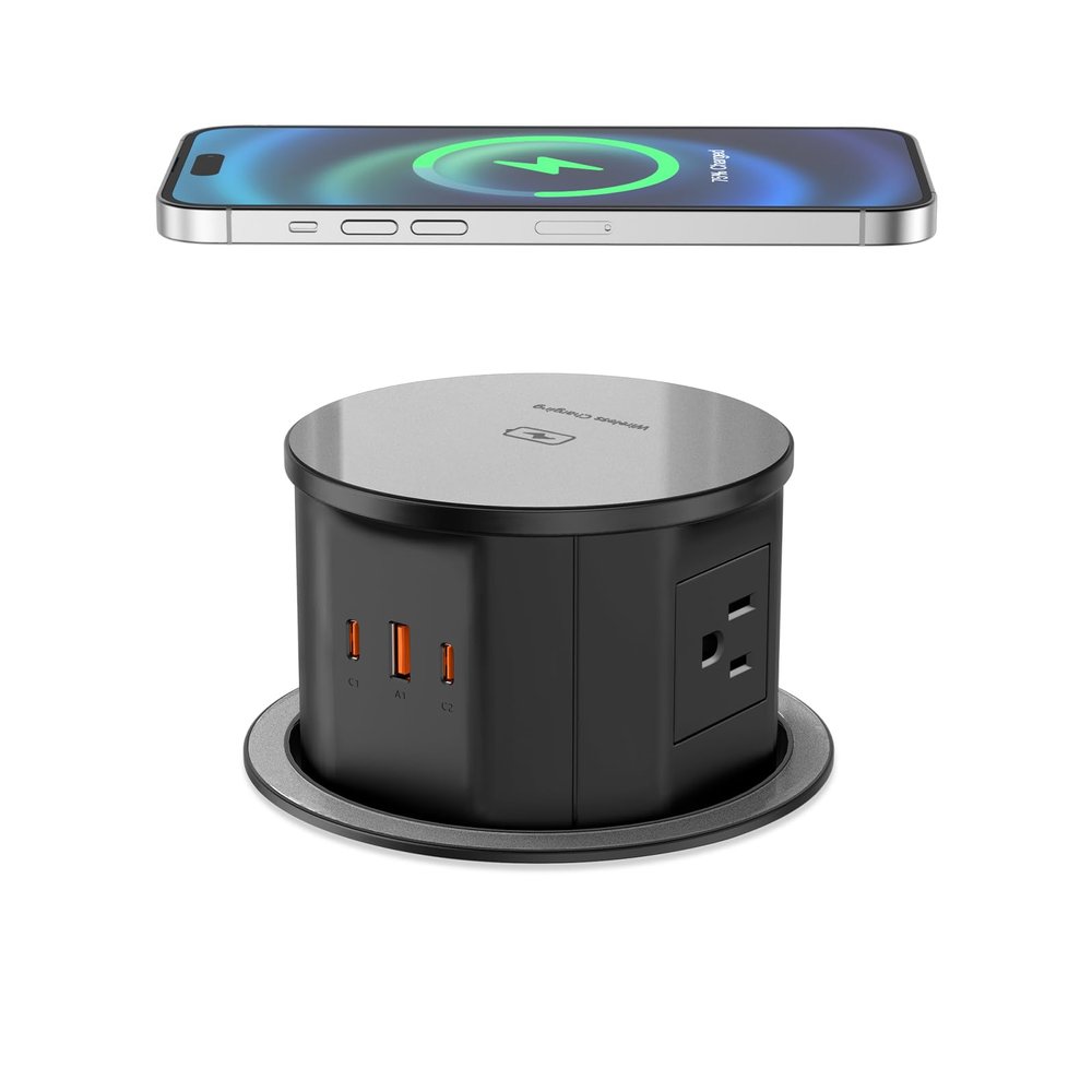 VILONG Pop Up Outlet for Countertop, 65W USB-C, 15W Wireless, 4AC, 6FT Cord