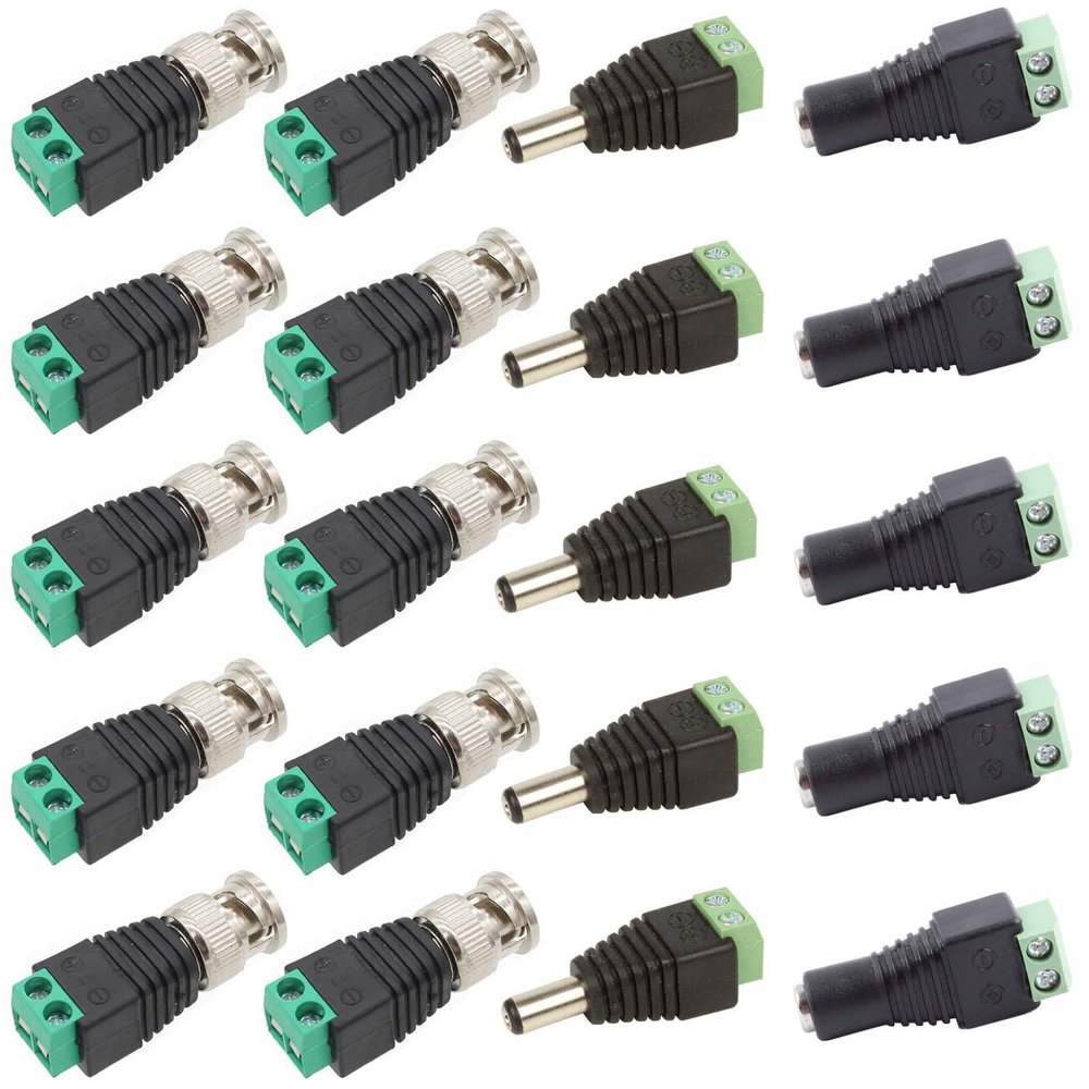 AIMHDUTY DC Power Jack Plug Adapter Barrel Connector 10PCS 12V Male and Female 2.1 x 5.5mm, 10PCS BNC Male Balun Connector to Screw Terminal for CCTV Security Surveillance Video Camera and Led Strip