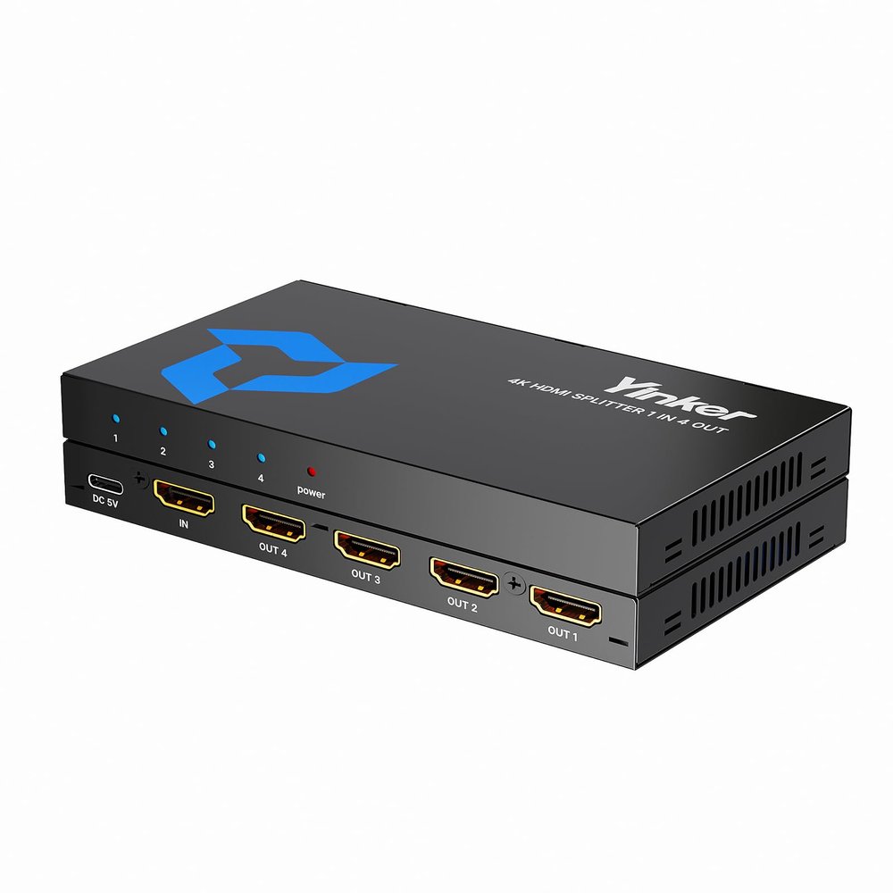 Yinker 4K HDMI Splitter 1 in 4 Out, 4K@30Hz 1x4 Slim HDMI Splitter for Multiple Monitors, 1 to 4 USB Powered Only Duplicate/Mirror for PS4 Fire Stick HDTV