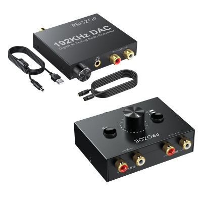 PROZOR 192KHz Digital to Analog Audio Converter - Upgrade Volume Adjustable + RCA Stereo Audio Switch 2 in 1 Out R/L Stereo Audio Switch 1 in 2 Out Stereo Audio Splitter with Mute Button and No Extern