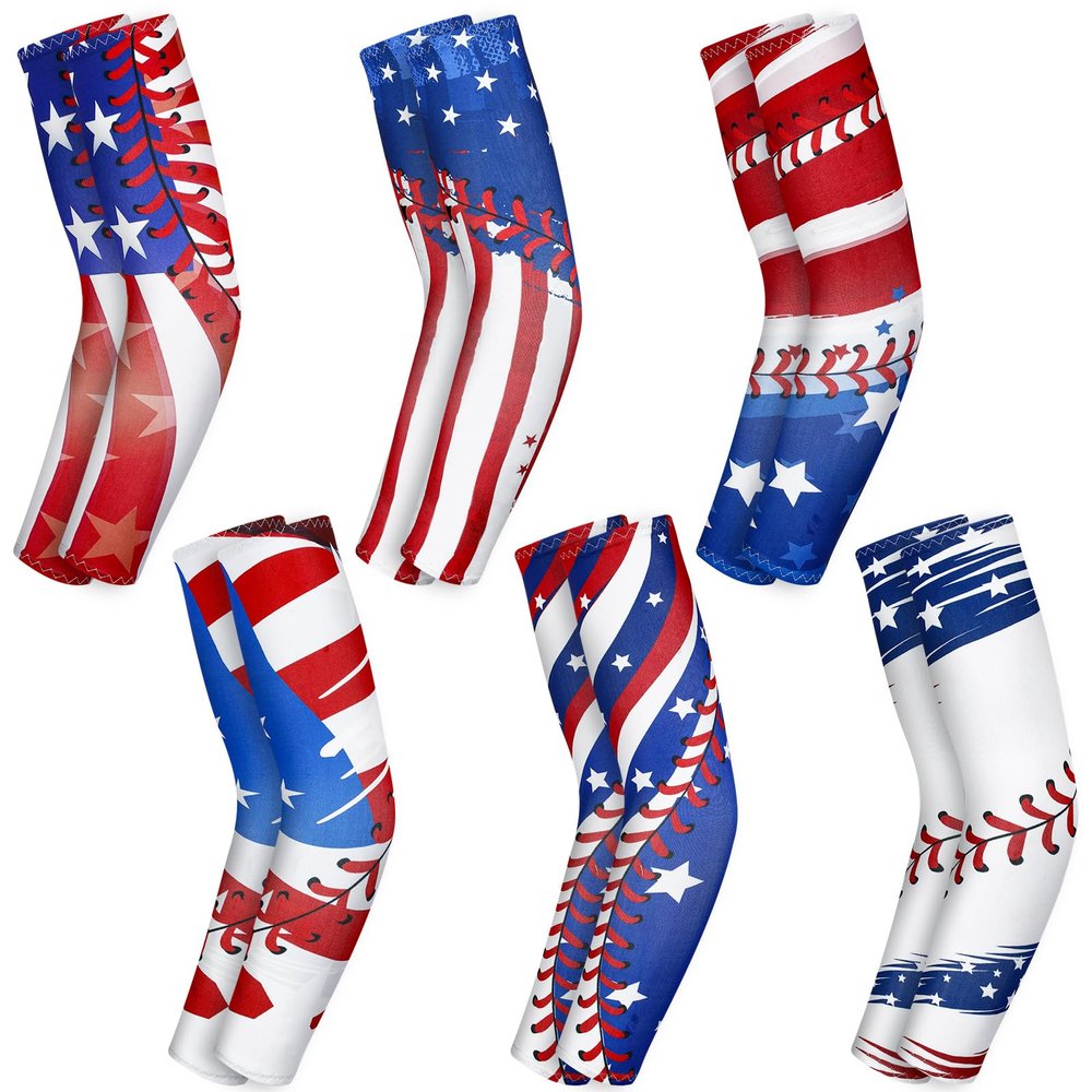 Bunnycool 6 Pairs Red White and Blue Arm Sleeves Youth Baseball Arm Sleeve Youth Sports baseball Elbow Compression Shooter Sleeve Sun Protection Anti Slip