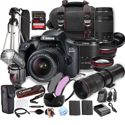 Canon EOS 4000D (Rebel T100) w/EF-S 18-55mm & 75-300mm + 420-800mm Super Telephoto Lens + 128GB Extreme Speed Card, Case, Tripod,TTL Speedlite, Spare Battery, More (Extreme Pro-Bundle) (Renewed)