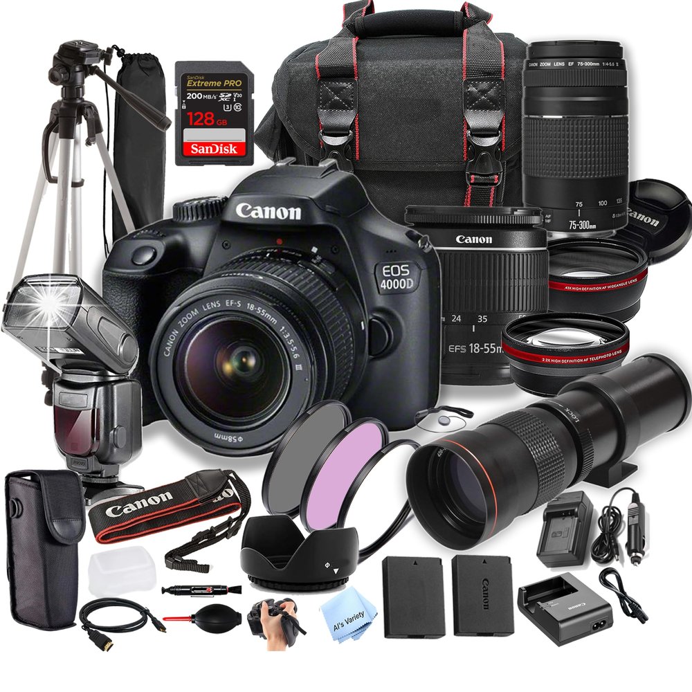 Canon EOS 4000D (Rebel T100) w/EF-S 18-55mm & 75-300mm + 420-800mm Super Telephoto Lens + 128GB Extreme Speed Card, Case, Tripod,TTL Speedlite, Spare Battery, More (Extreme Pro-Bundle) (Renewed)