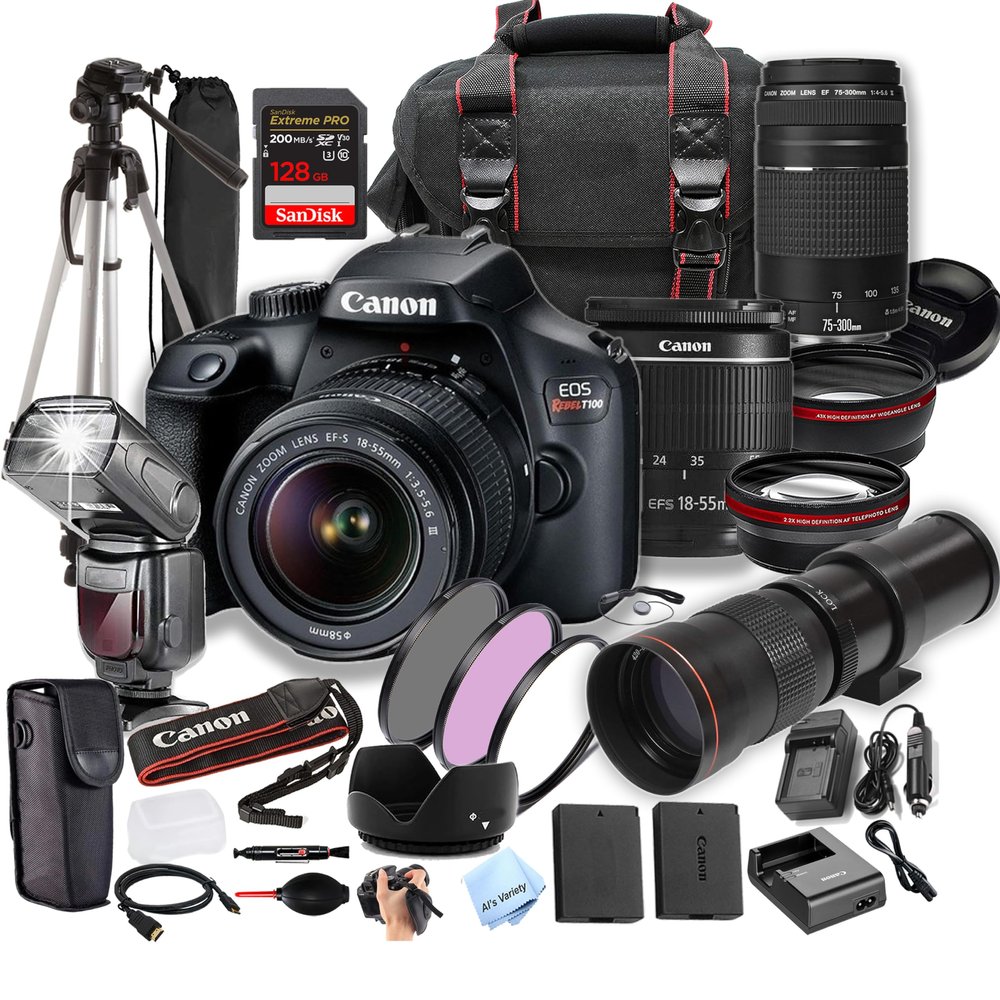 Canon Rebel T100 (EOS 4000D) w/18-55mm & 75-300mm + 420-800mm Super Telephoto Lens + 128GB Extreme Speed Card, Case, Tripod,TTL Speedlite, Spare Battery, Filters, More (Extreme Pro-Bundle) (Renewed)