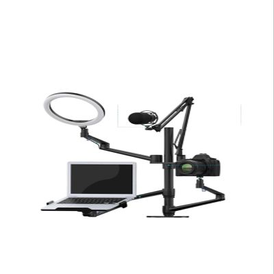 AVXANKTG Desktop Live Broadcast Stand Set 6 in 1 with 10-inch LED Ring Light Microphone Mount Monitor Stand Laptop Stand, Black