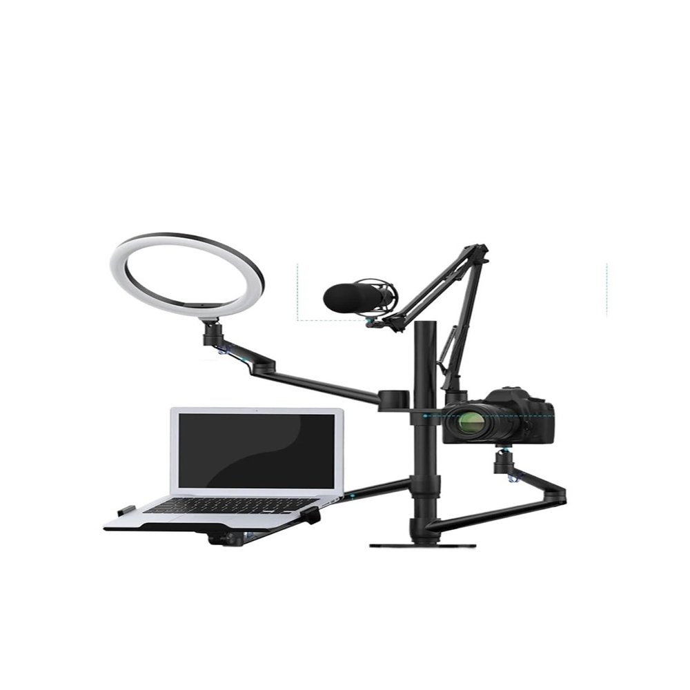 AVXANKTG Desktop Live Broadcast Stand Set 6 in 1 with 10-inch LED Ring Light Microphone Mount Monitor Stand Laptop Stand, Black
