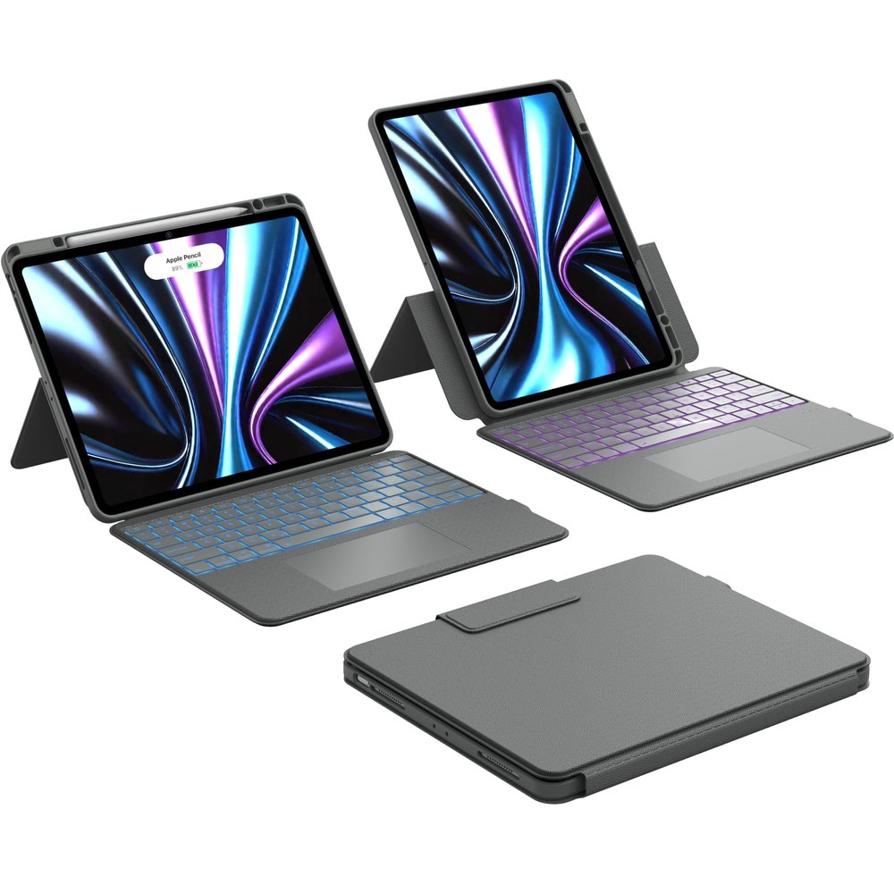 CHESONA Rugged for iPad Air 13 Inch (M3/M2, 2025/2024), iPad Pro 12.9 Case with Keyboard, Magnetic Detachable Case & 7-Color Backlit, Smart Trackpad, 15-180 Adjustable, Portrait/Landscape, Gray