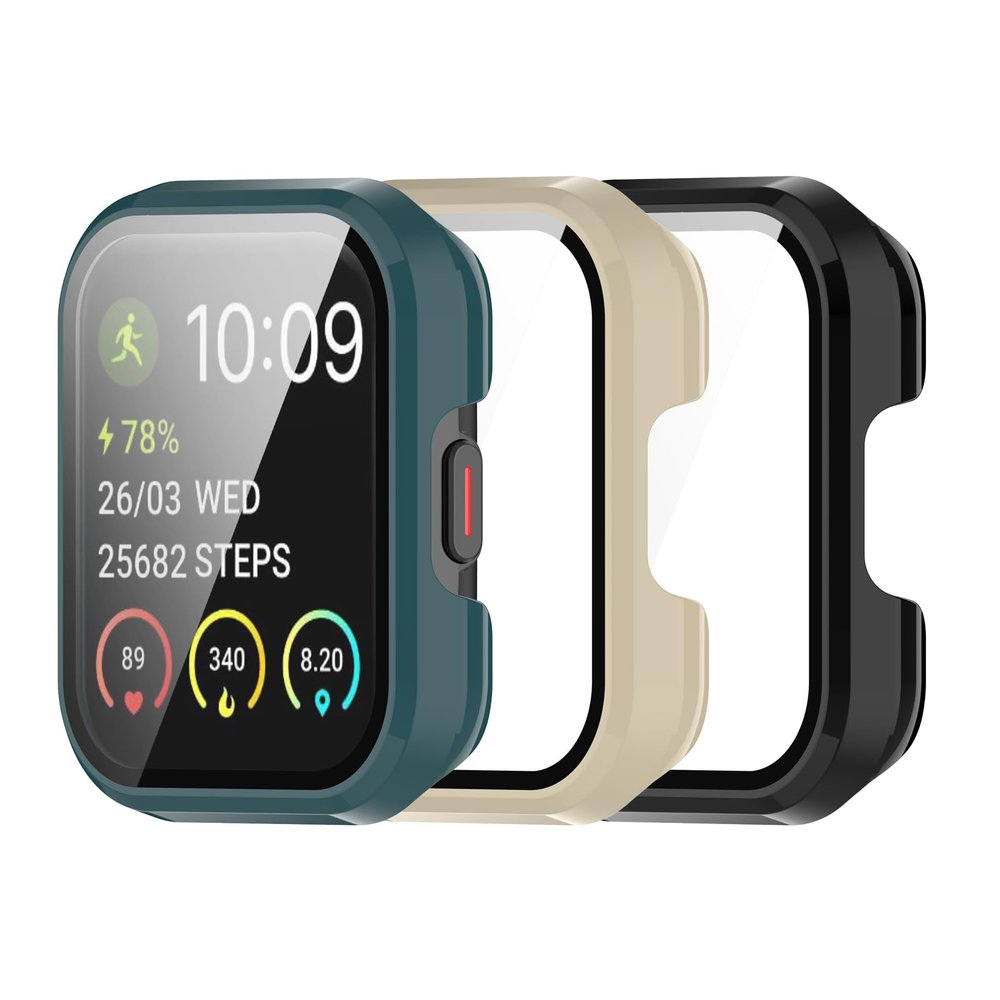 3Pack Compatible for SKG V7/SKG V7 Pro Screen Protector Case, All-Round Tempered Glass PC Case Compatible for SKG V7/SKG V7 Pro Smartwatch (Apricot/Green/Black)