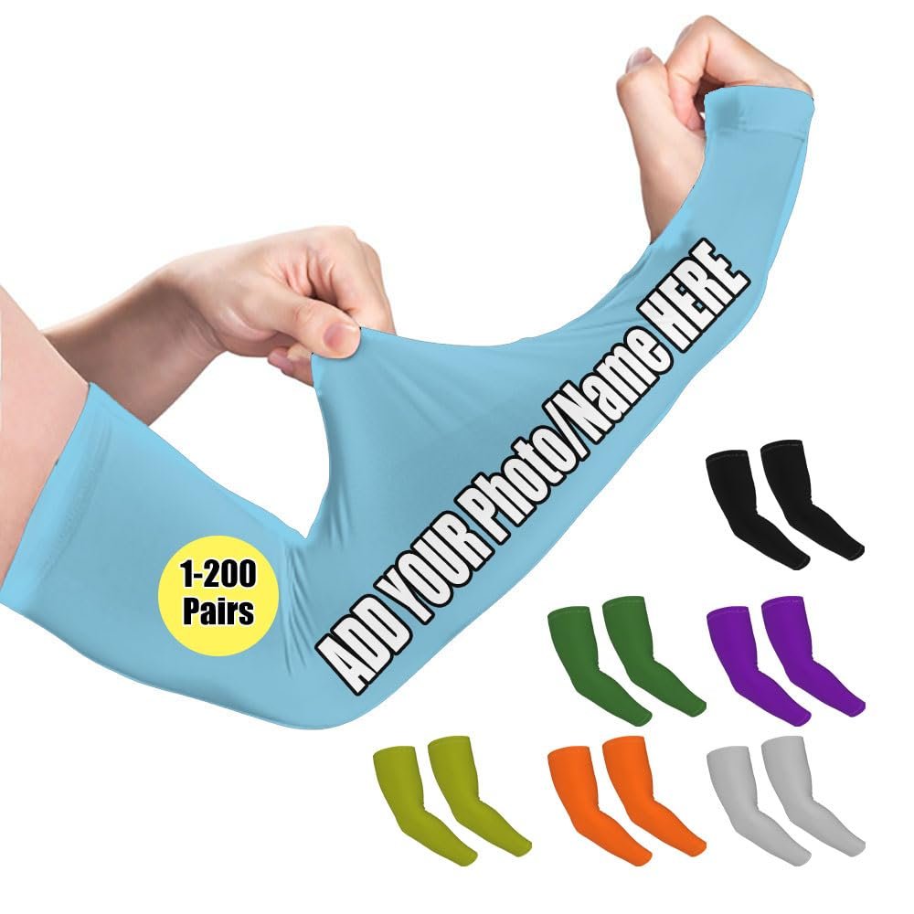 Custom Arm Sleeve Personalized Add Your Image Text Name - Breathable Cooling Athletic Sports Sleeve for Football Golf Volleyball Cycling, SkyBlue