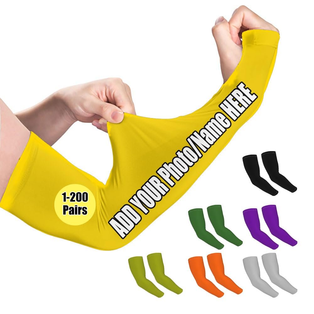 TUSANEII Custom Arm Sleeve Personalized Add Your Image Text Name - Breathable Cooling Athletic Sports Sleeve for Football Golf Volleyball Cycling, Gold