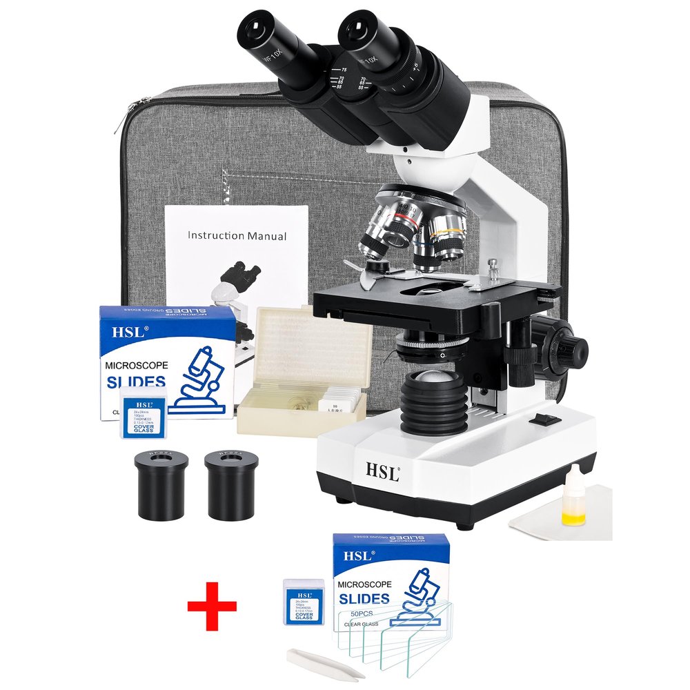1PC HSL 40x-2500x Compound Binocular Microscope Set for Adults and Student Educate + 1PC HSL Microscope Slides and Covers Set