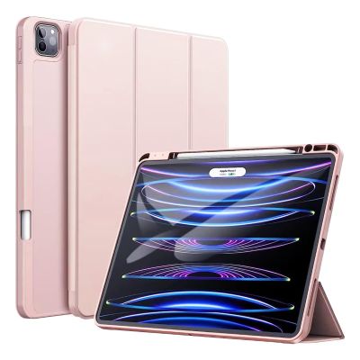 CASZONE Case for iPad Pro 11 inch 2024 M4(5th Generation) with Pencil Holder & Support Pencil Charging,Slim TPU Trifold Stand Smart Magnetic Tablet Cover with Auto Sleep/Wake,Pink