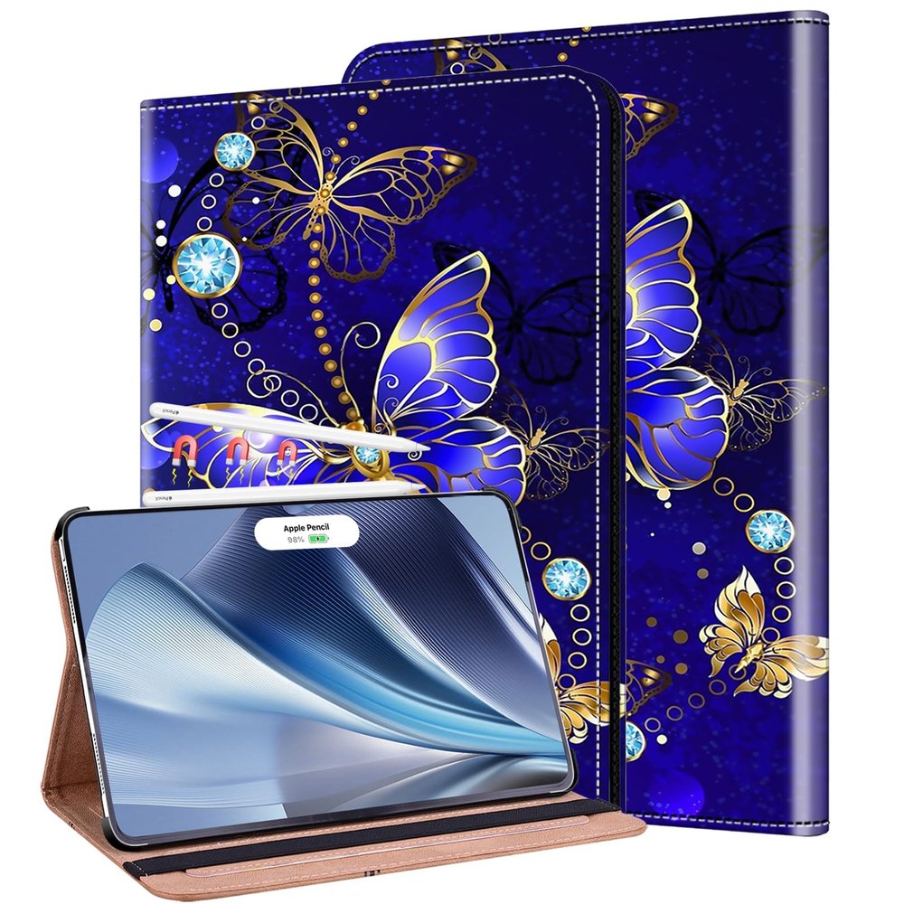 KEFBWAO Case for iPad Pro 11 Inch (M5) 2025 / (M4) 2024, Auto Wake/Sleep Supports Pencil Pro and Pencil(USB-C) Flip Wallet Shockproof Cover, Diamond Butterfly