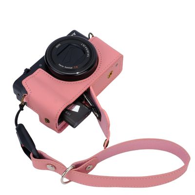 Bowan ZV-1 Camera Case, Handmade Genuine Real Leather Half Case for Sony ZV-1, Bottom Opening Version + Hand Strap (Pink)
