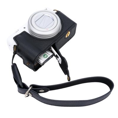 Bowan Case for Sony ZV-1F, ZV-1 II/ZV-1M2 Vlog Camera, Handmade Genuine Real Leather Half Camera Case Bag Cover for SonyZV-1F, ZV-1 II/ZV-1M2 Camera Bottom Opening Version + Hand Strap (Black)
