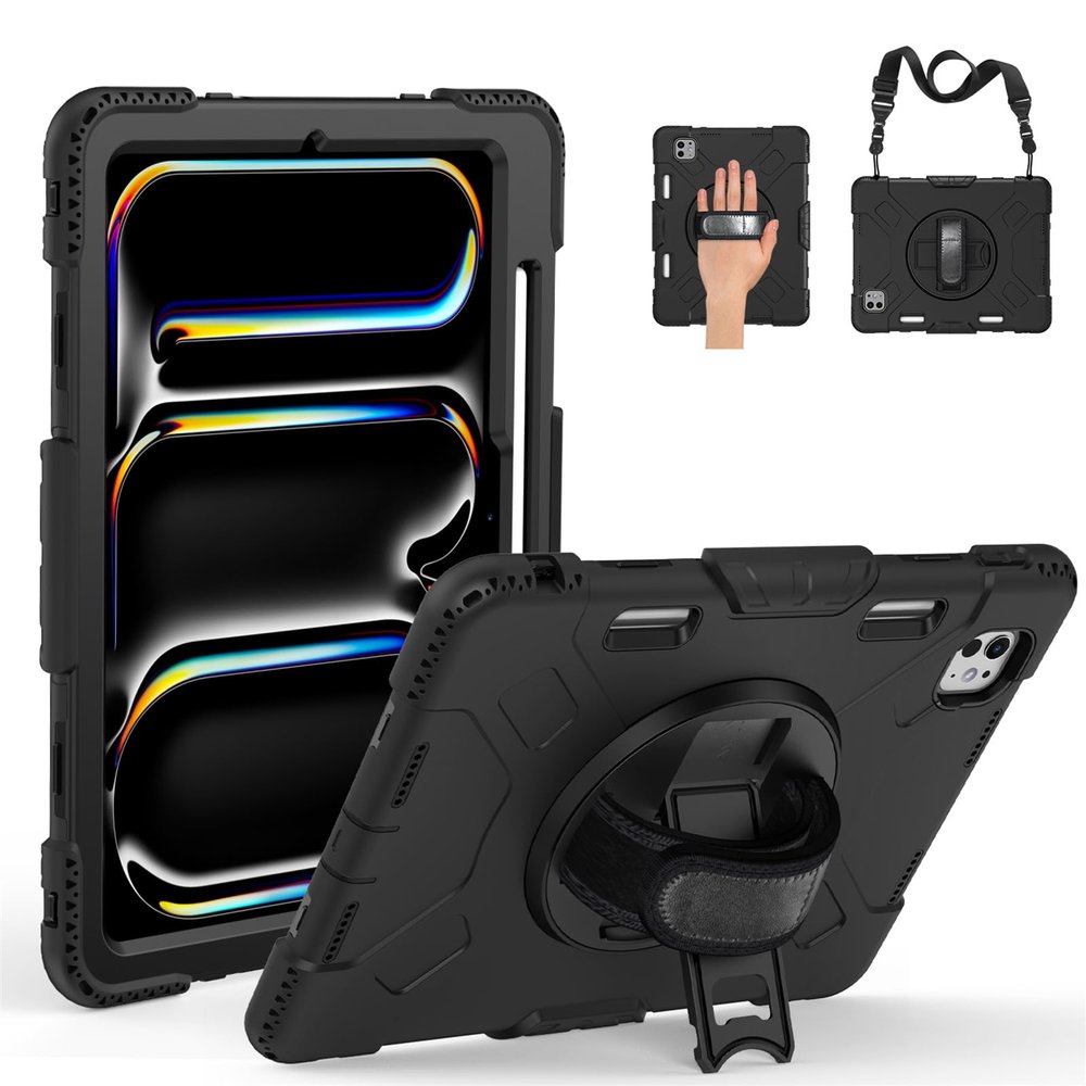 AdirMi Case for iPad Pro 11-inch (M4, 2024, 5th Gen), Military Grade Shockproof Case with [360 Rotating Stand/Hand Strap] [Shoulder Strap] [Pencil Holder],Black